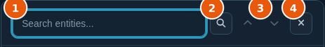 Expanded entity navigator with the search field, the up and down arrows, and the close button