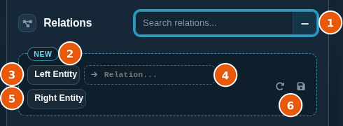 Relation builder marked New, with the Left Entity, Relation, and Right Entity fields