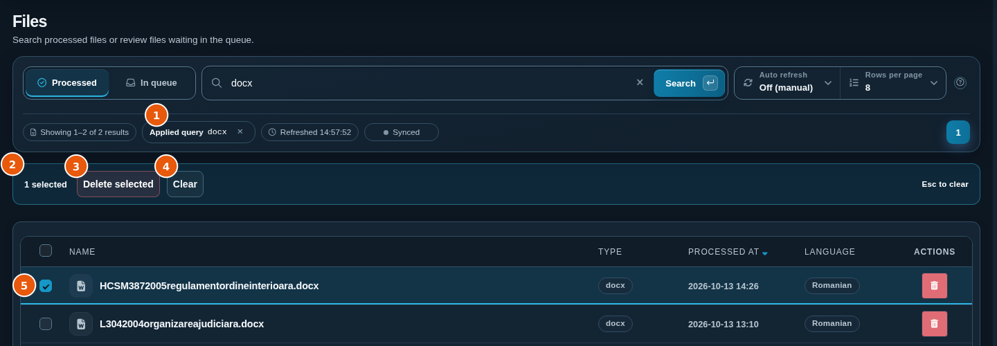 Selection bar showing 1 selected with the Delete selected and Clear buttons