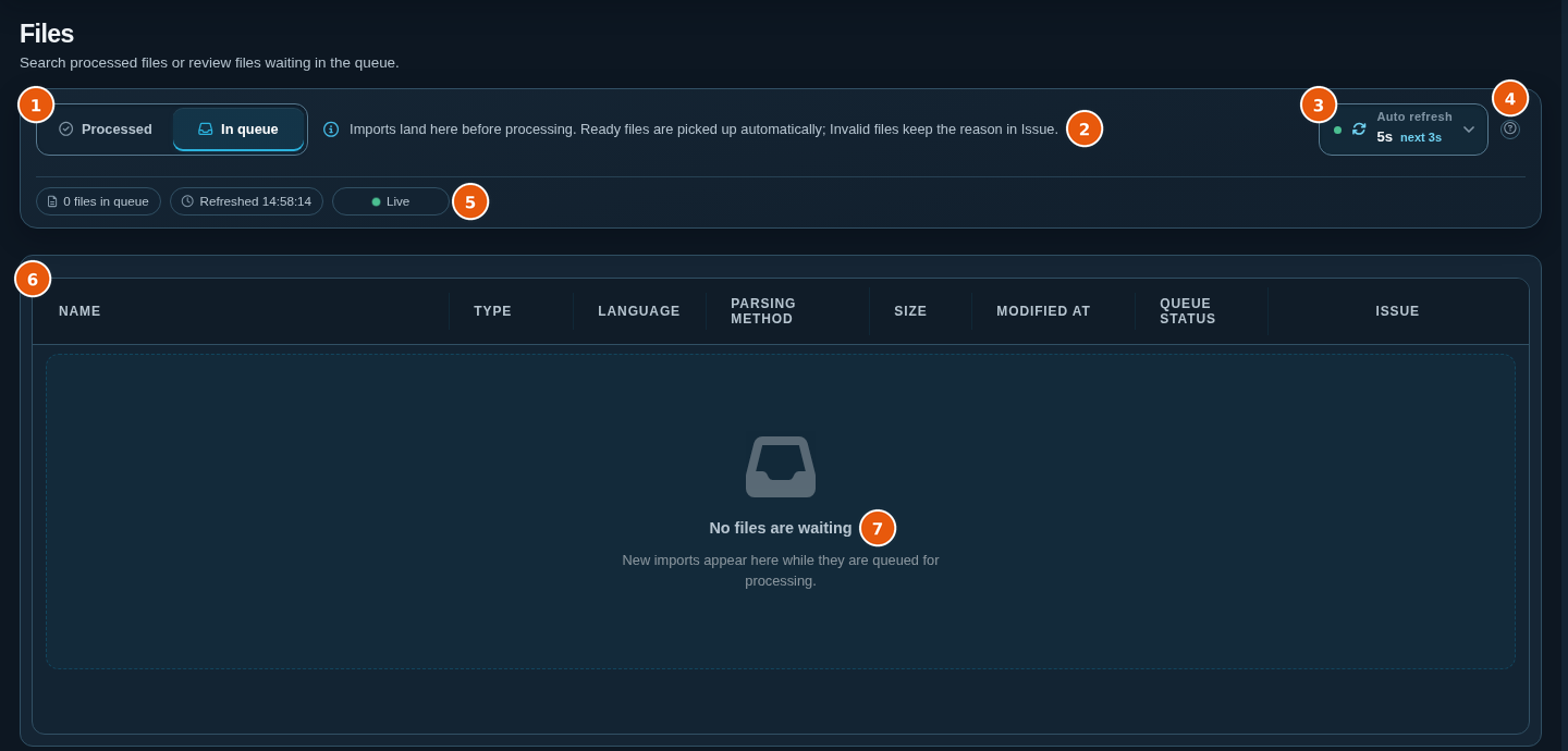 In queue tab with the queue columns and the No files are waiting message