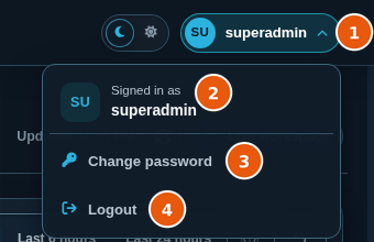 Account menu showing the signed-in user, Change password, and Logout