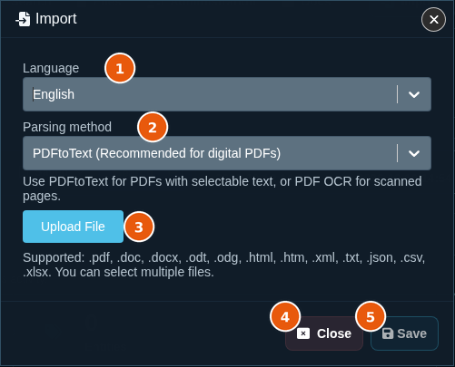 Import dialog with the Language and Parsing method fields, the Upload File button, and the list of supported file types