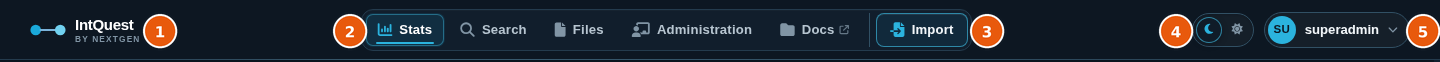 Navigation bar with Stats, Search, Files, Administration, Docs, and Import, the theme switch, and the account button
