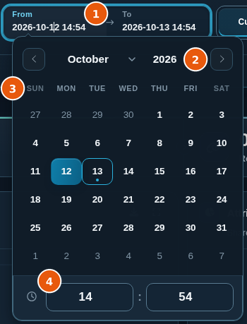 Date-time picker open on the From field, with the calendar and the hour and minute fields