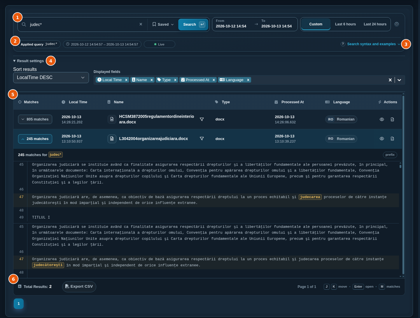 Search page with a plain-text query, the toolbar, Result settings, and a result row expanded to show its text matches