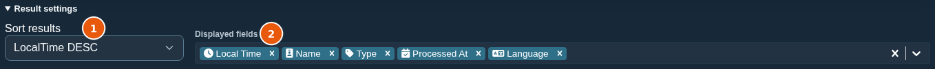 Result settings with the Sort results list and the Displayed fields selector