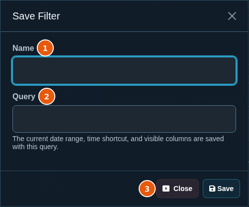 Save Filter dialog with the Name and Query fields