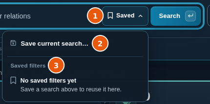 Saved menu with Save current search and the Saved filters list