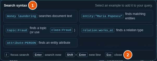 Search syntax panel with examples for plain text, entity, topic, relation, and attribute searches
