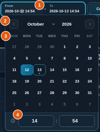 Date-time picker open on the From field, with the calendar and the hour and minute fields