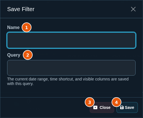 Save Filter dialog with the Name and Query fields