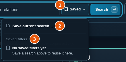 Saved menu with Save current search and an empty Saved filters list