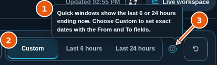 Help text for the time window: quick windows show the last 6 or 24 hours ending now