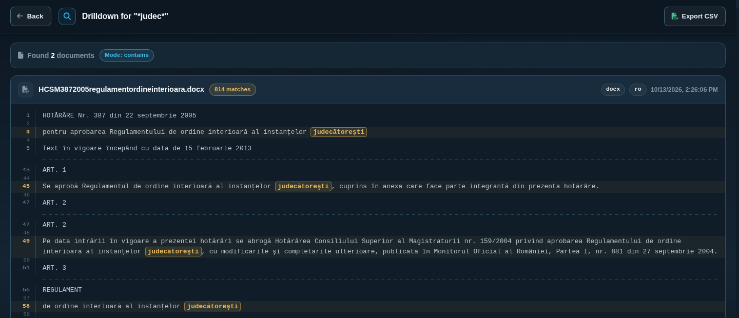 Drilldown in contains mode for judec with highlighted words that contain judec
