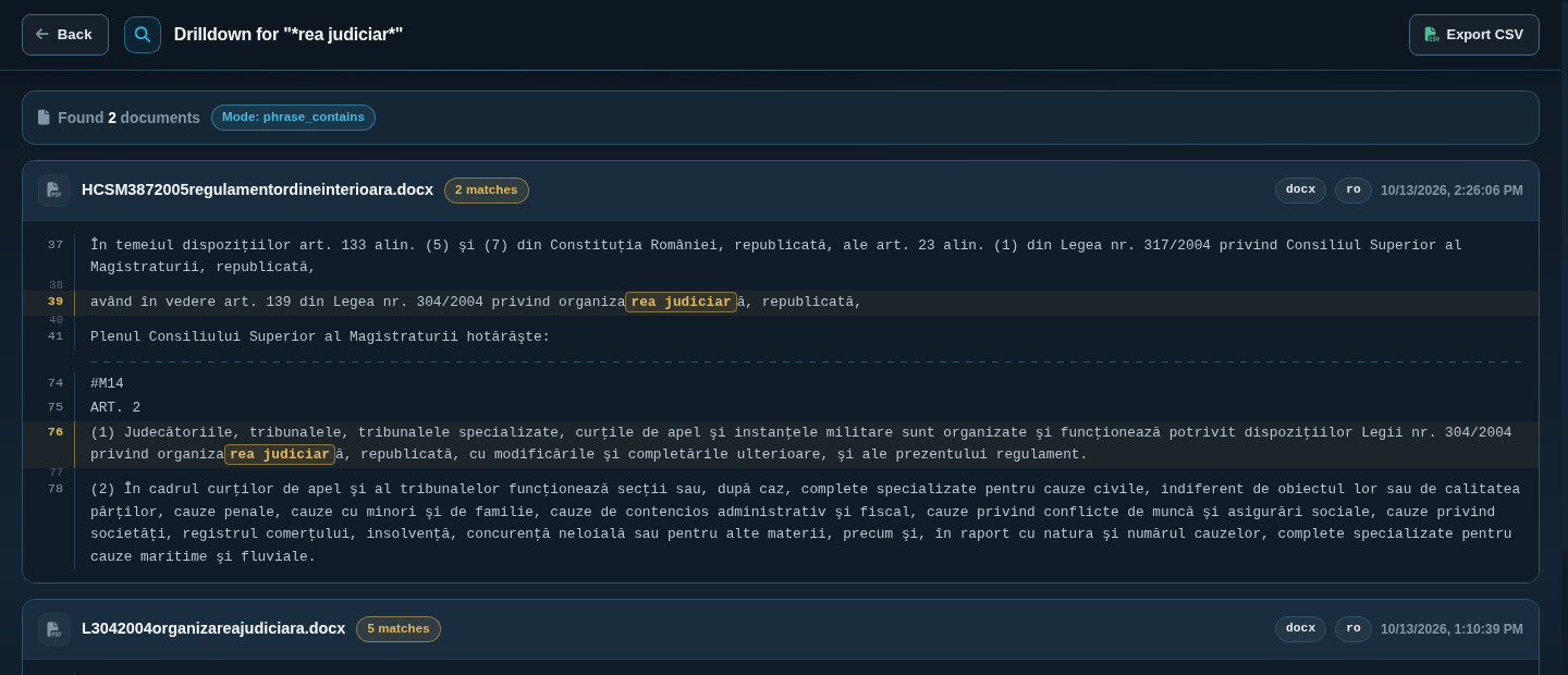 Drilldown in phrase_contains mode for rea judiciar