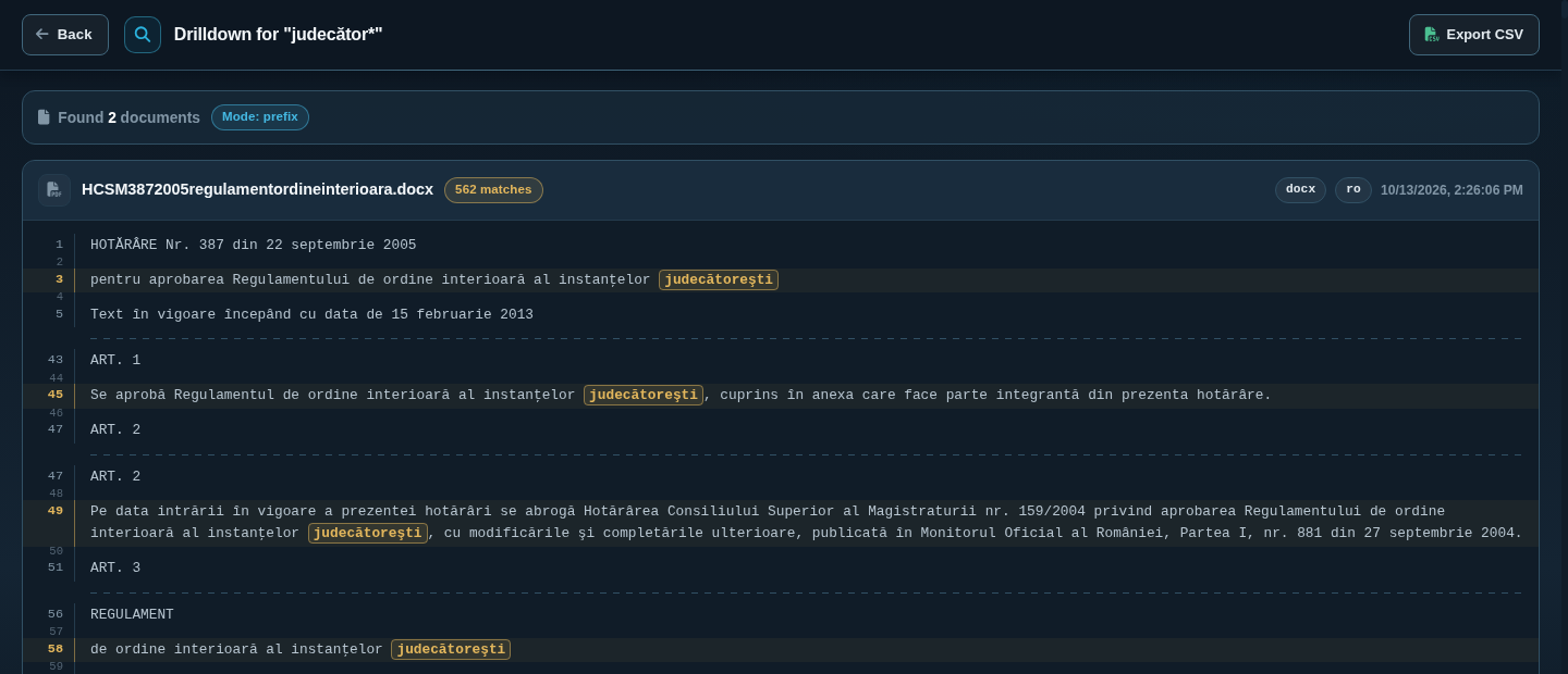 Drilldown in prefix mode for judecător* with highlighted words that start with judecător