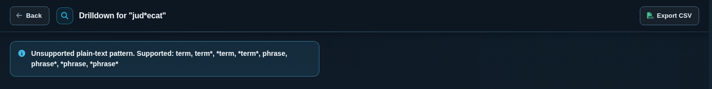 Unsupported plain-text pattern message for jud*ecat, listing the supported formats